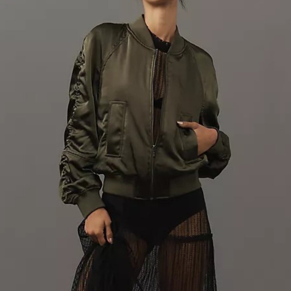 Anthropologie Sanctuary Ruched Satin Bomber Jacket DARK GREEN XS